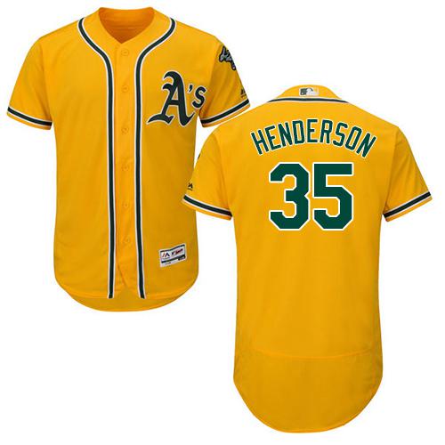 Athletics #35 Rickey Henderson Gold Flexbase Authentic Collection Stitched MLB Jersey - Click Image to Close